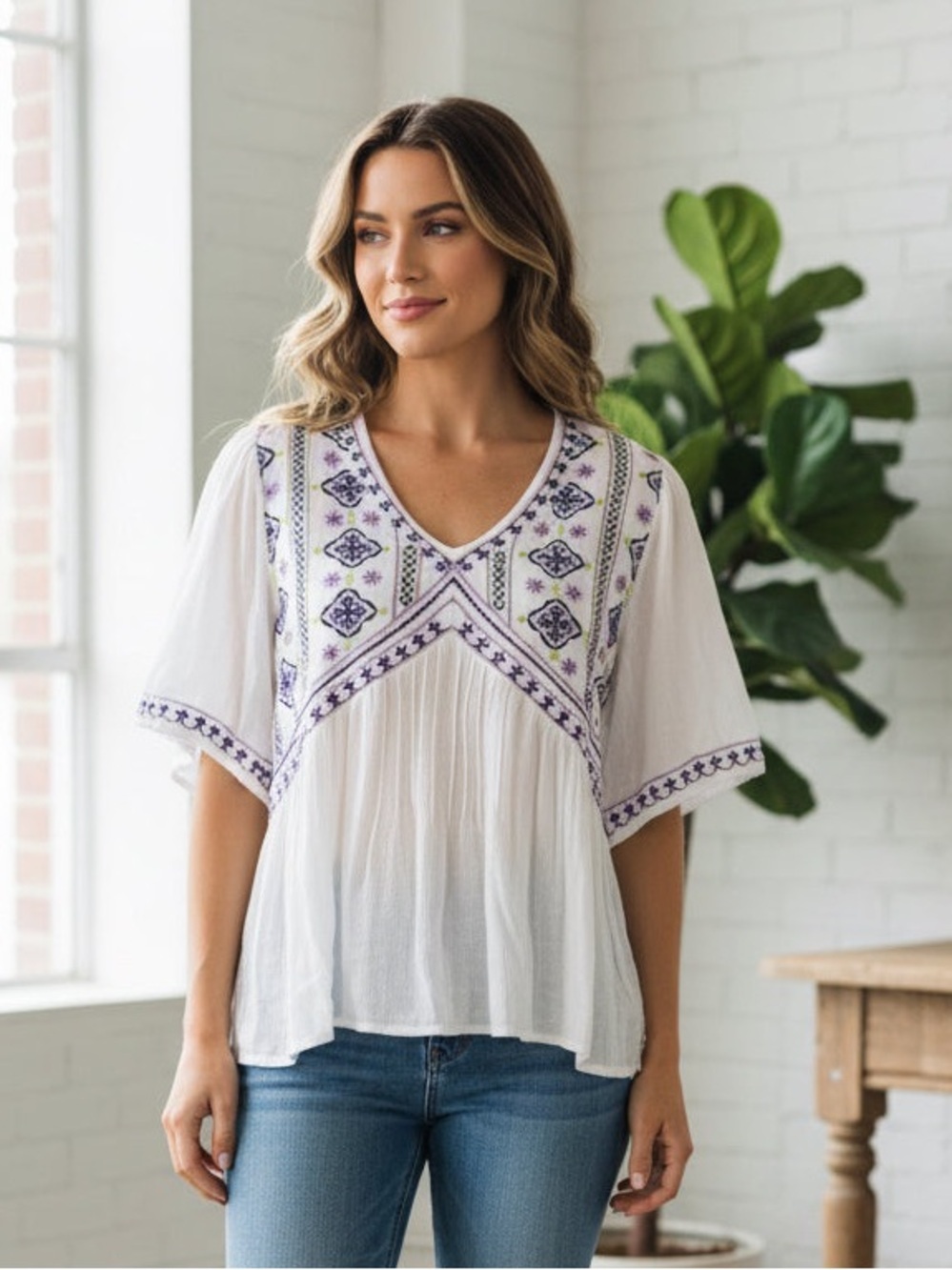 White Embroidered V-Neck Peasant Blouse with Purple Accents